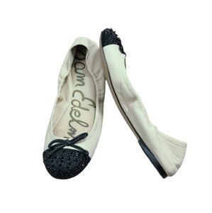 SAM EDELMAN Beatrix Cream & Black Embellished Round Toe Ballet Flats Size 7.5